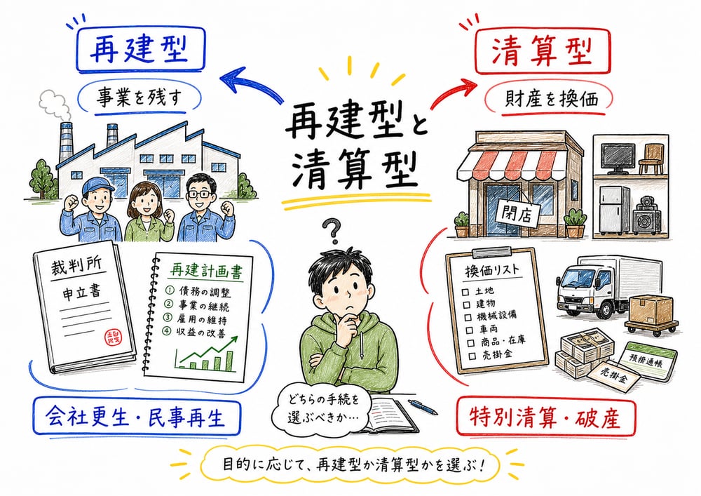 再建型と清算型の違いを工場と店舗で示す図解