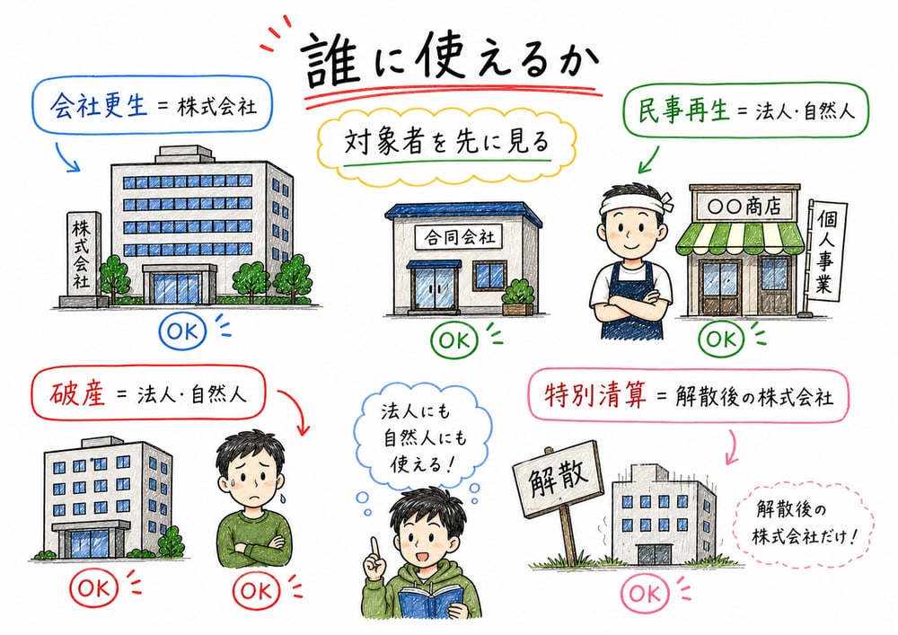 倒産手続ごとの対象者の違いを会社と個人で示す図解