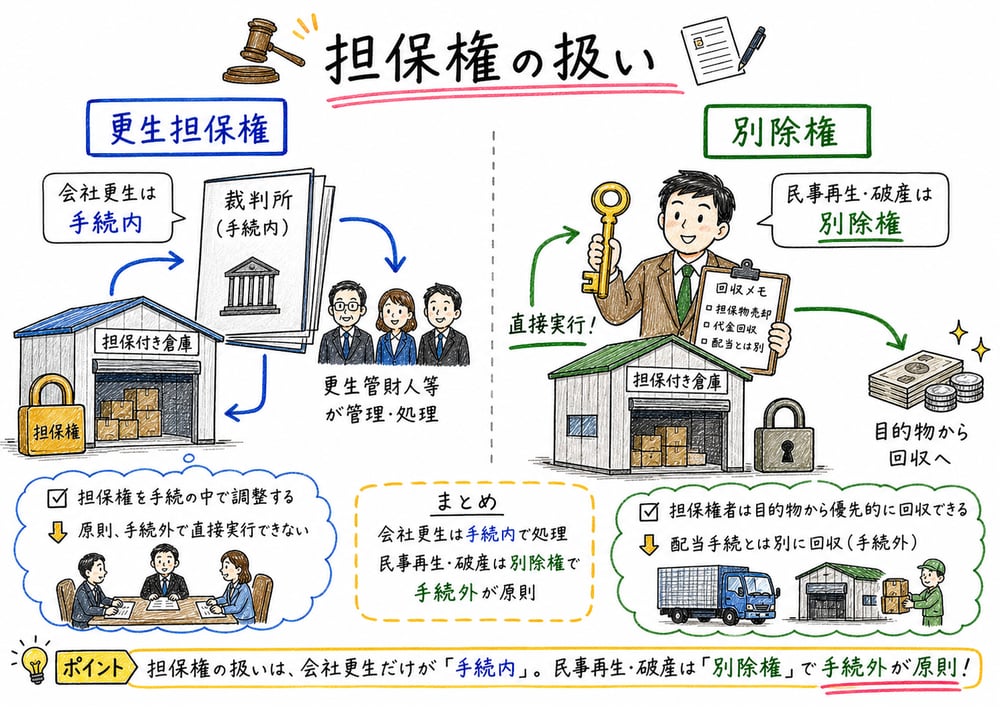 会社更生の更生担保権と民事再生・破産の別除権を比較する図解