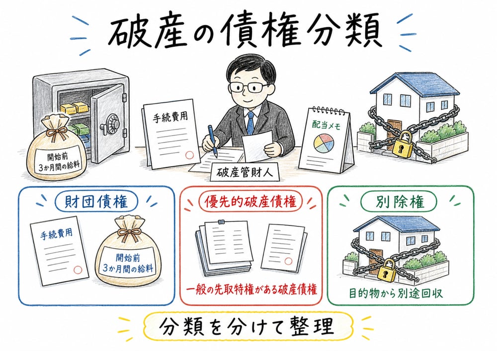 破産における財団債権、優先的破産債権、別除権の違いを示す図解