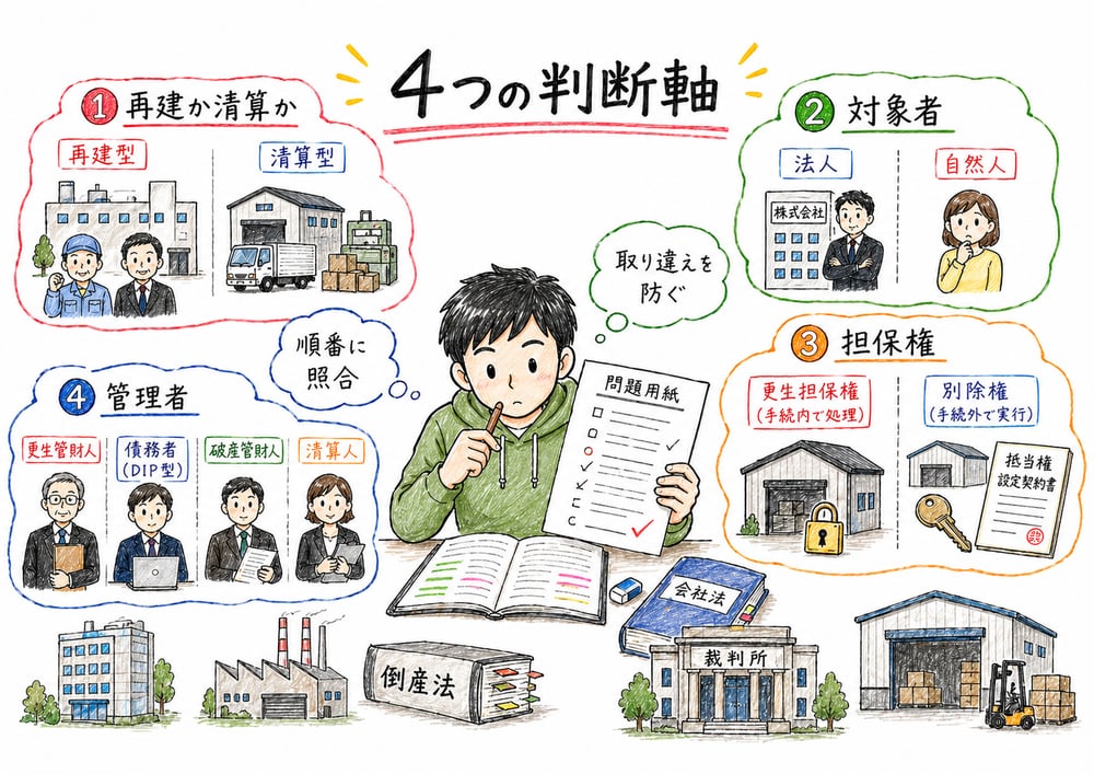 倒産手続の選択肢を4つの判断軸で処理する図解