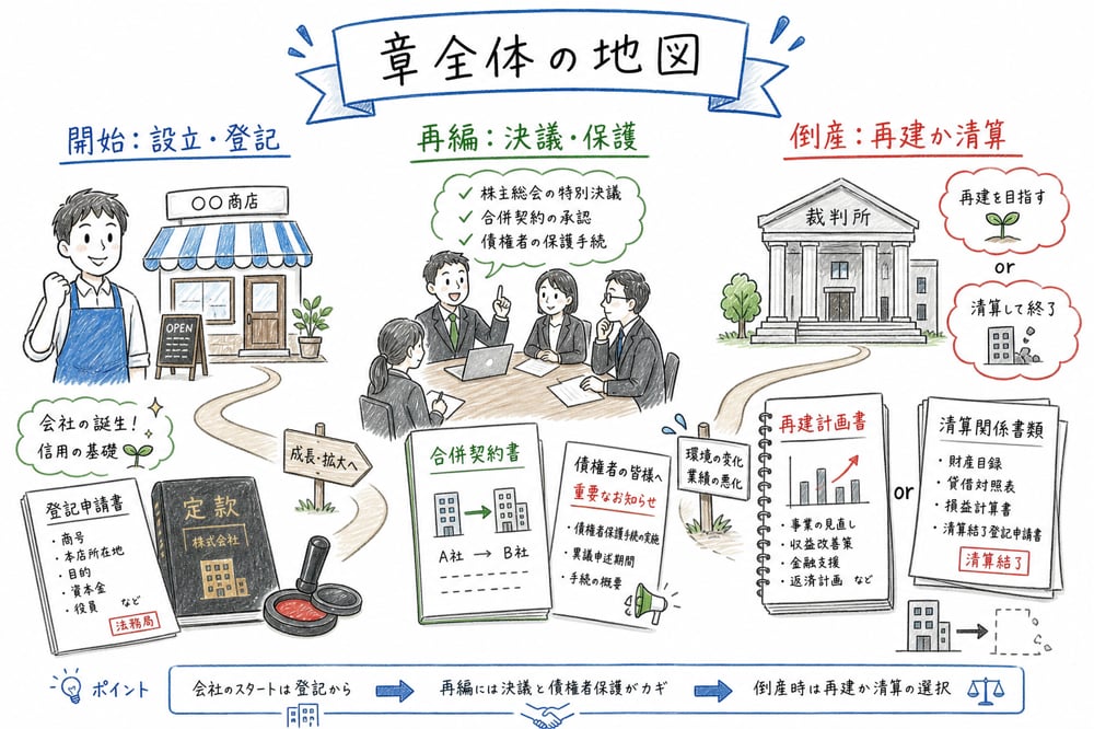事業法務を開始、再編、倒産の流れで確認する図解