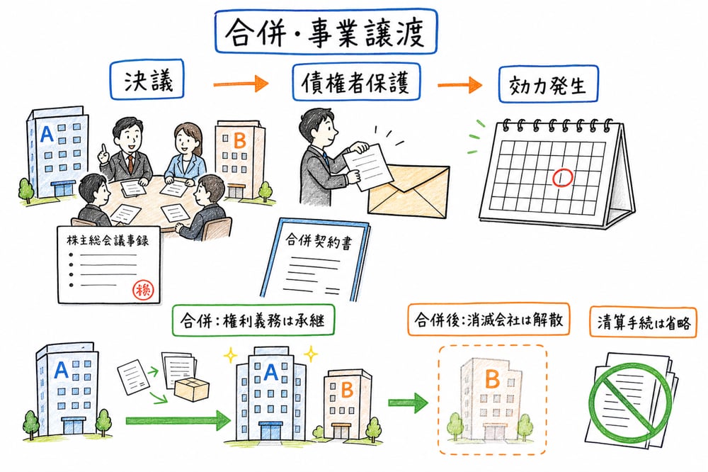 事業再編で決議、債権者保護、効力発生を確認する図解