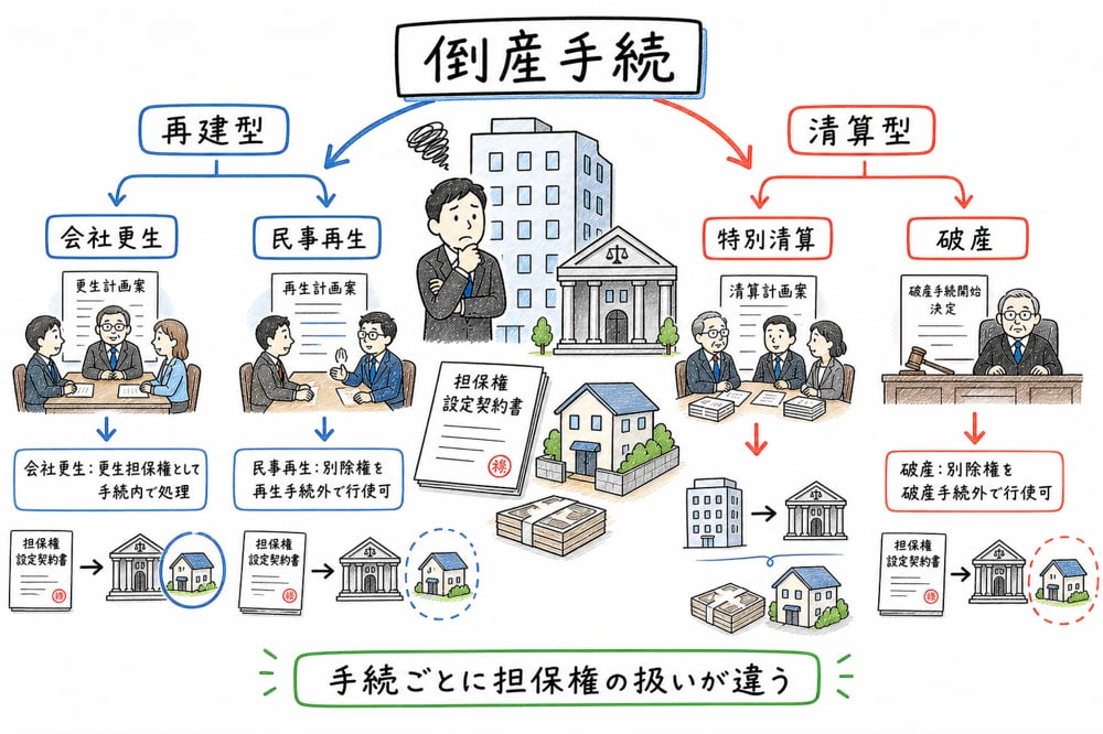 倒産手続を再建型と清算型に分けて確認する図解