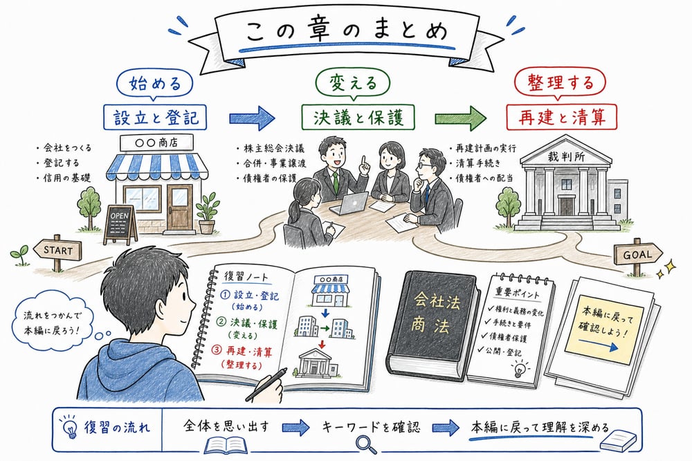 開始、再編、倒産の関連トピックへ戻る復習ナビの図解