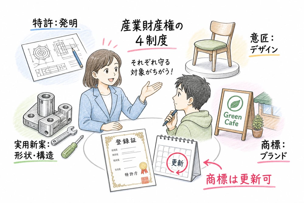 産業財産権4制度の保護対象と更新可否を整理する図解