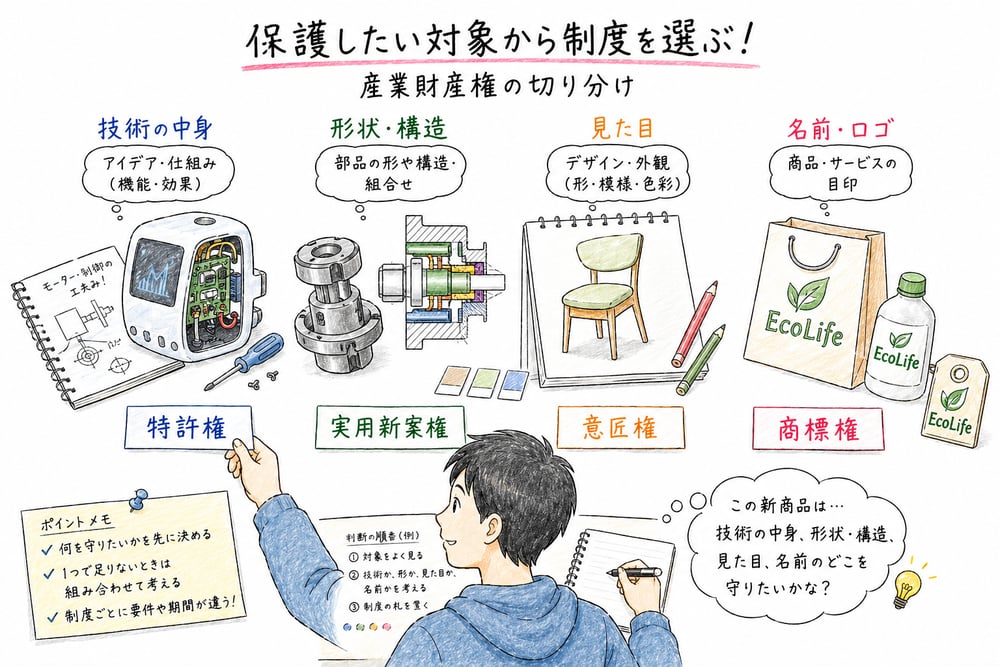 技術、形状、見た目、ブランドから産業財産権を切り分ける図解
