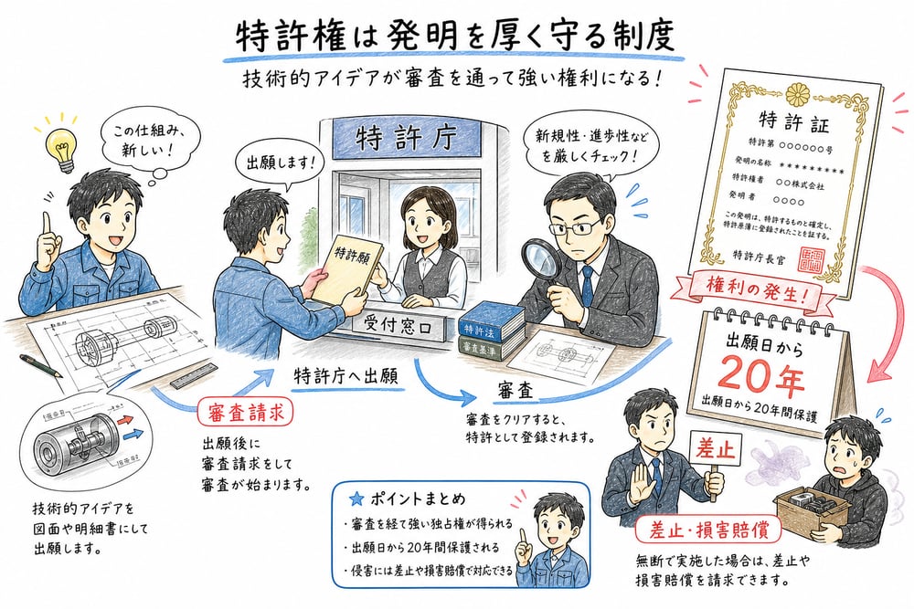 特許権の発明、審査請求、出願日から20年を整理する図解