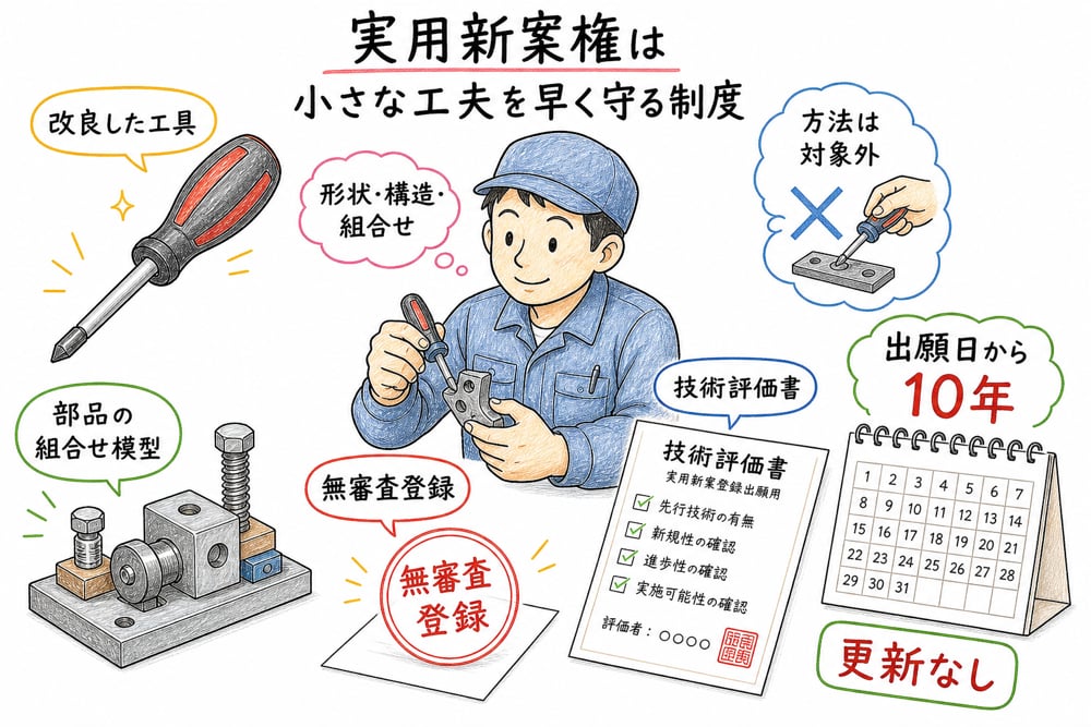 実用新案権の形状構造、無審査登録、技術評価書を整理する図解