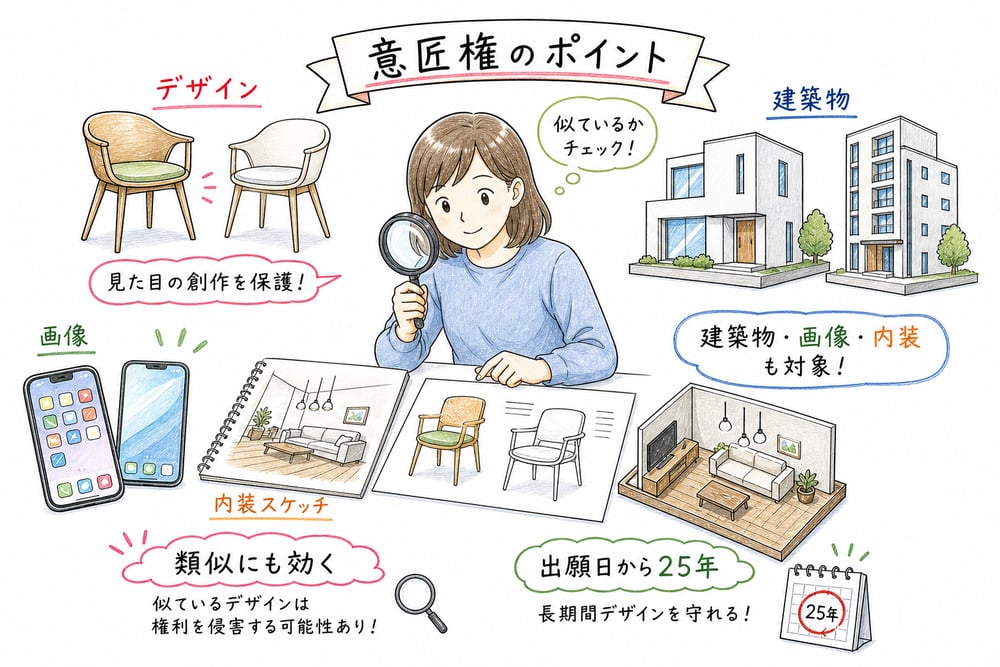 意匠権のデザイン保護、保護対象の広がり、類似への効力を整理する図解