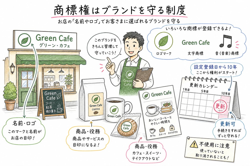 商標権のブランド保護、10年更新、不使用取消を整理する図解