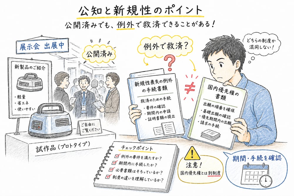公開後の新規性喪失の例外と国内優先権の違いを整理する図解