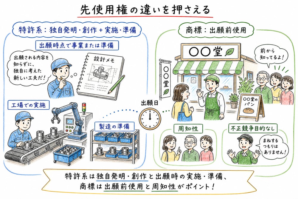特許系と商標の先使用権の要件を比較する図解