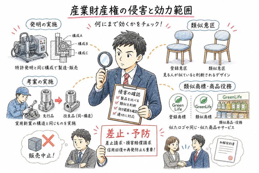 産業財産権の侵害と効力範囲を制度別に整理する図解