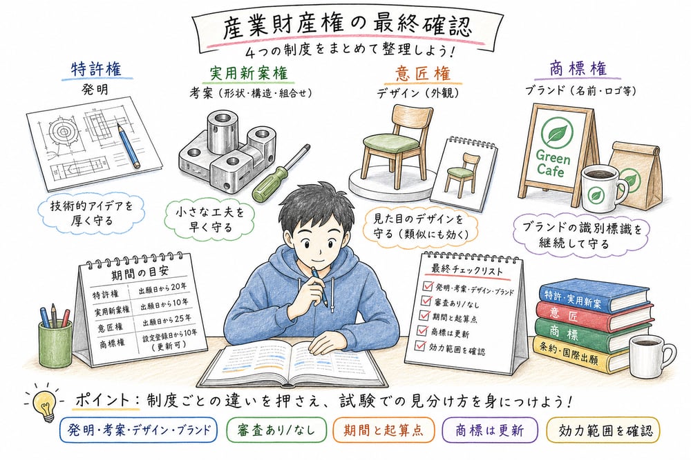 産業財産権の保護対象、審査、期間、更新、効力範囲を最終確認する図解