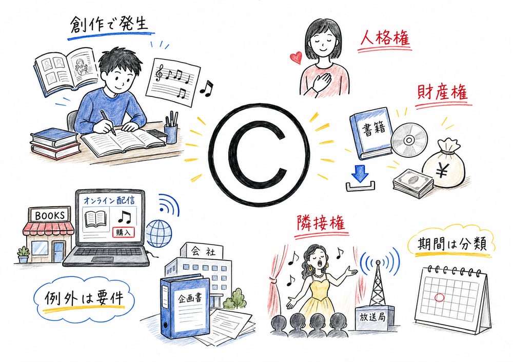 著作権の主要論点を、発生、人格権、財産権、隣接権、例外、保護期間に分けて整理する図解