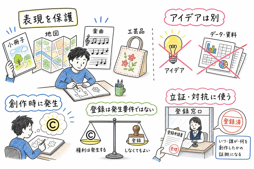 著作物は創作的な表現を保護し、登録は権利発生の要件ではないことを示す図解