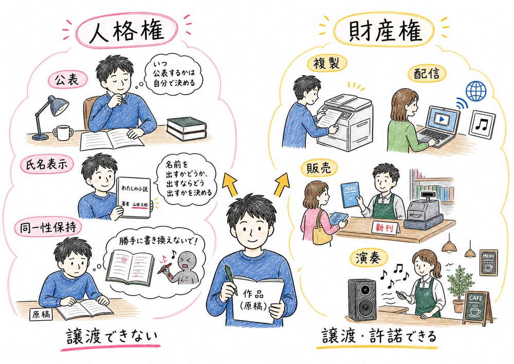著作者人格権と著作財産権の違いを、公表・氏名表示・同一性保持と複製・配信・販売・演奏で比較する図解