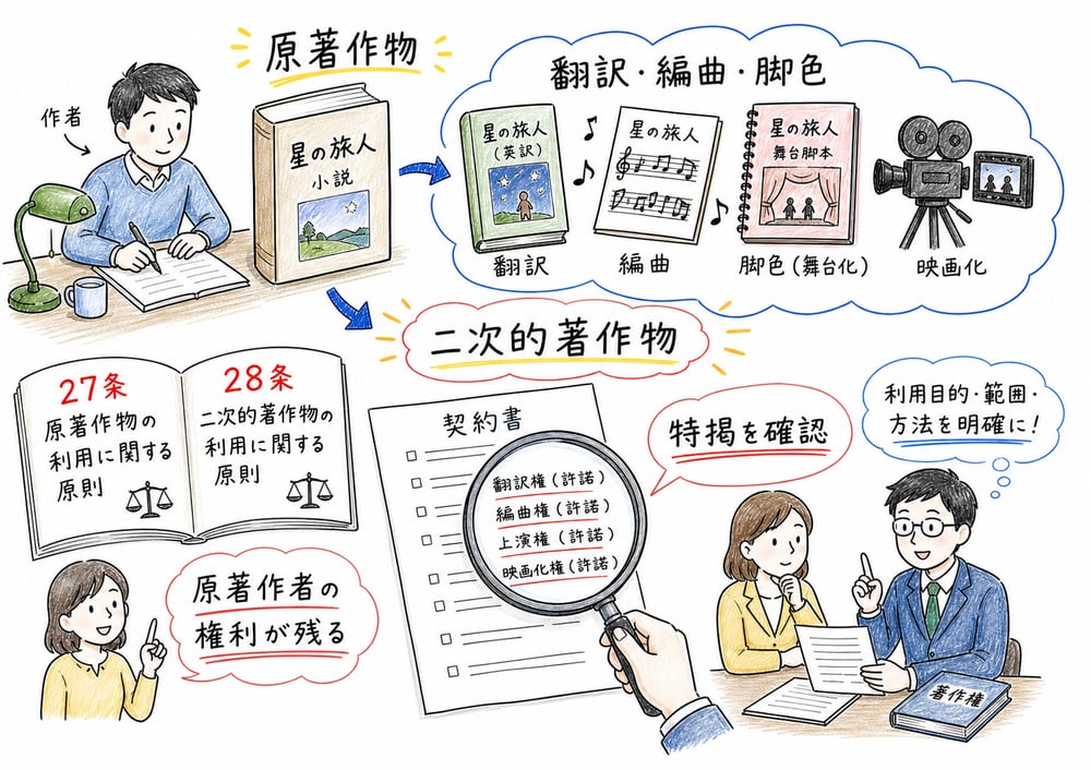 二次的著作物の作成と利用で、著作権法27条・28条の特掲を確認することを示す図解