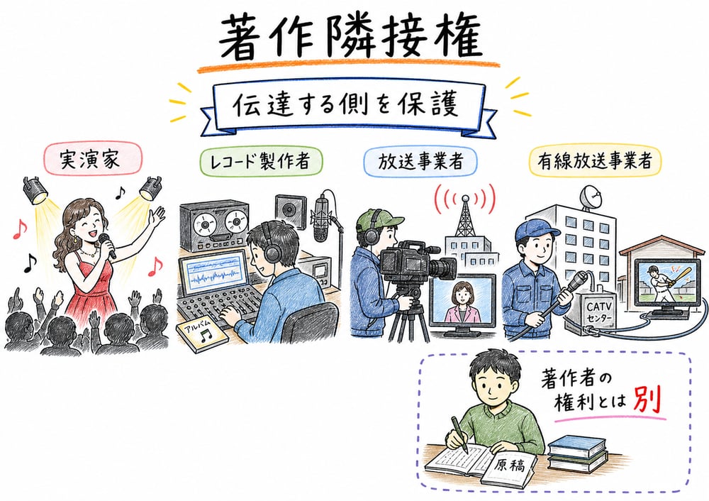 著作隣接権が実演家、レコード製作者、放送事業者、有線放送事業者など伝達する側を保護する権利であることを示す図解
