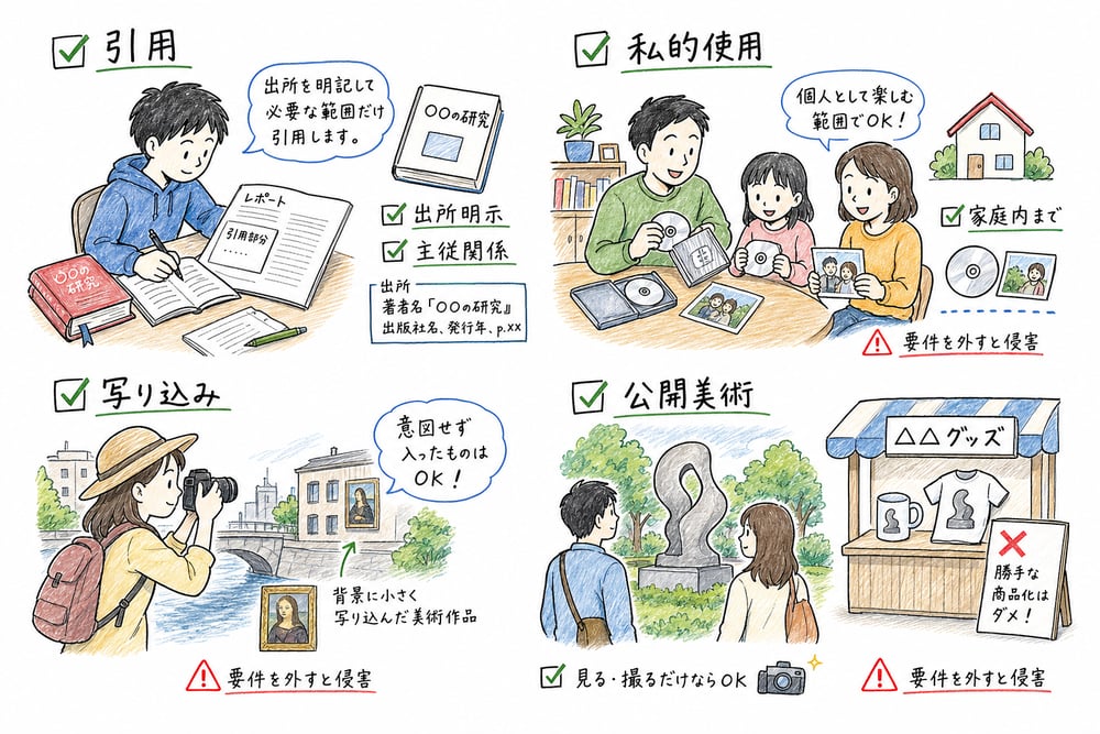 引用、私的使用、写り込み、公開美術の利用は要件を満たすかで結論が変わることを示す図解