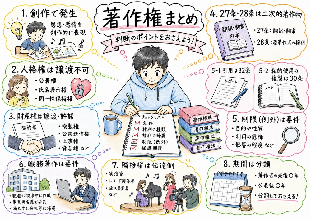 著作権の過去問で問われる譲渡可否、帰属、例外、保護期間の判断軸を整理する図解
