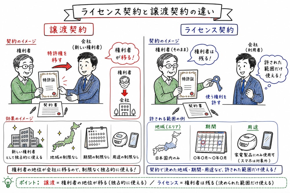 ライセンス契約と譲渡契約の違いを権利者の移転と利用許諾で比較した図解
