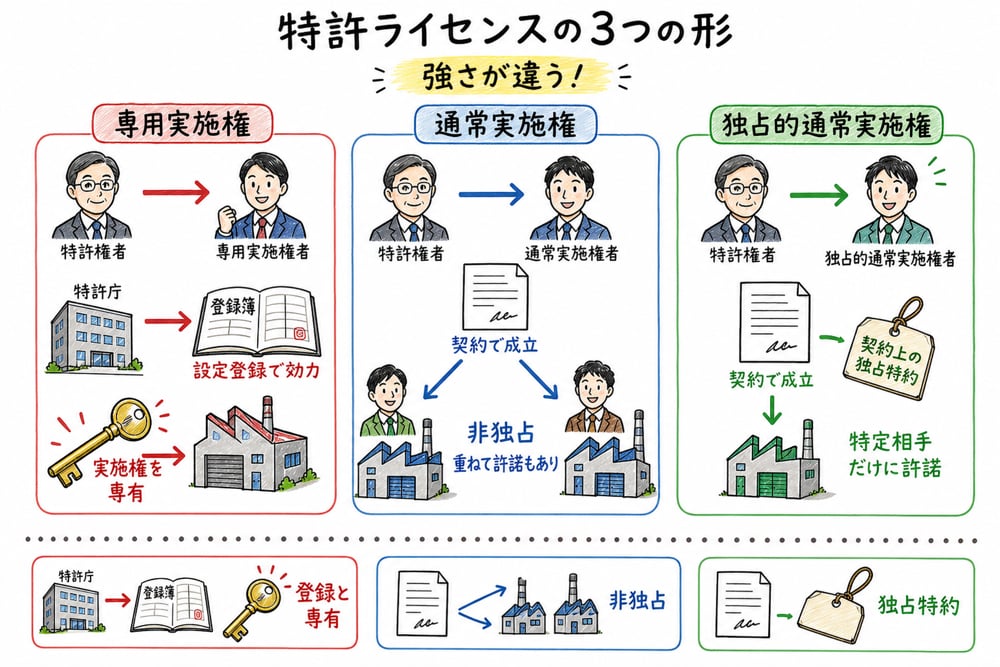 専用実施権、通常実施権、独占的通常実施権の成立要件と権限の強さを比較した図解
