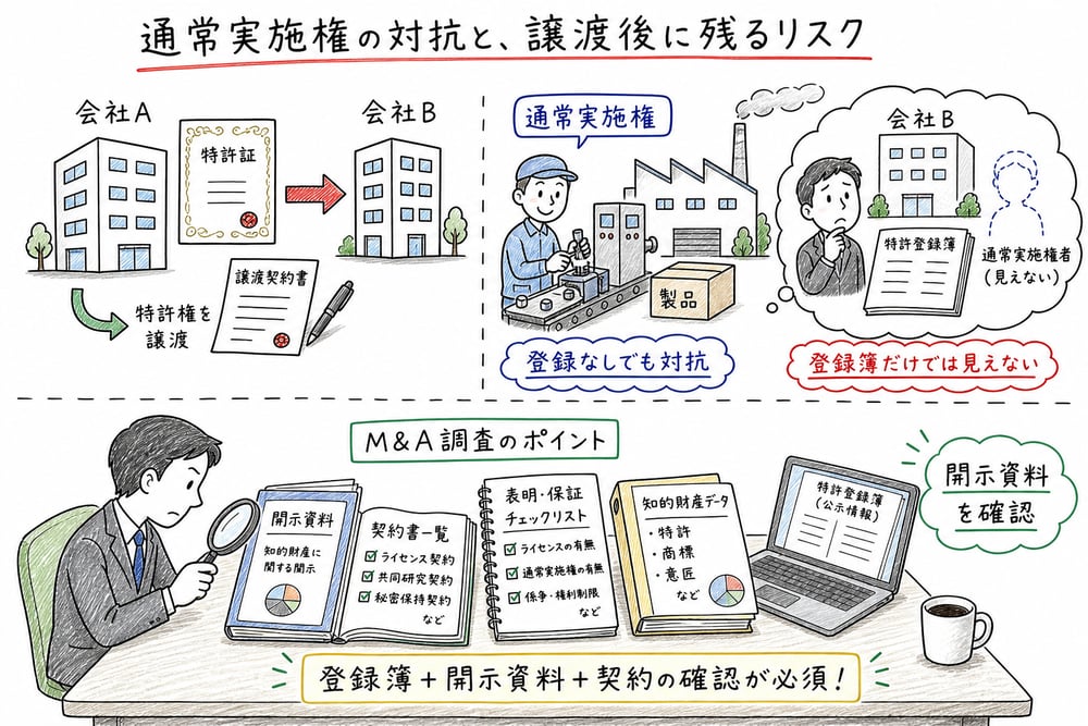 通常実施権が登録なしでも譲受人に対抗できることとM&Aでの確認事項を示した図解