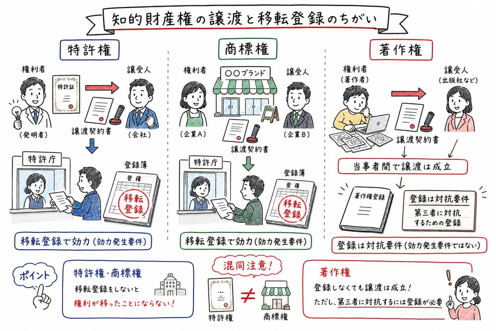 特許権と商標権の移転登録、著作権登録の対抗要件を比較した図解