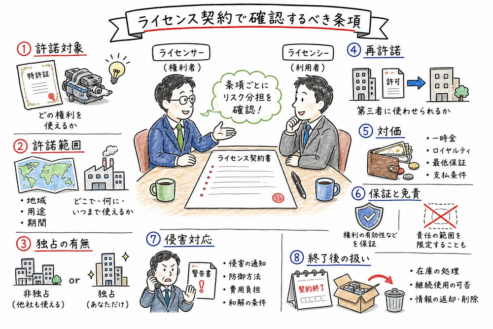 ライセンス契約で確認する許諾範囲、独占、再許諾、対価、保証、侵害対応などの条項を整理した図解