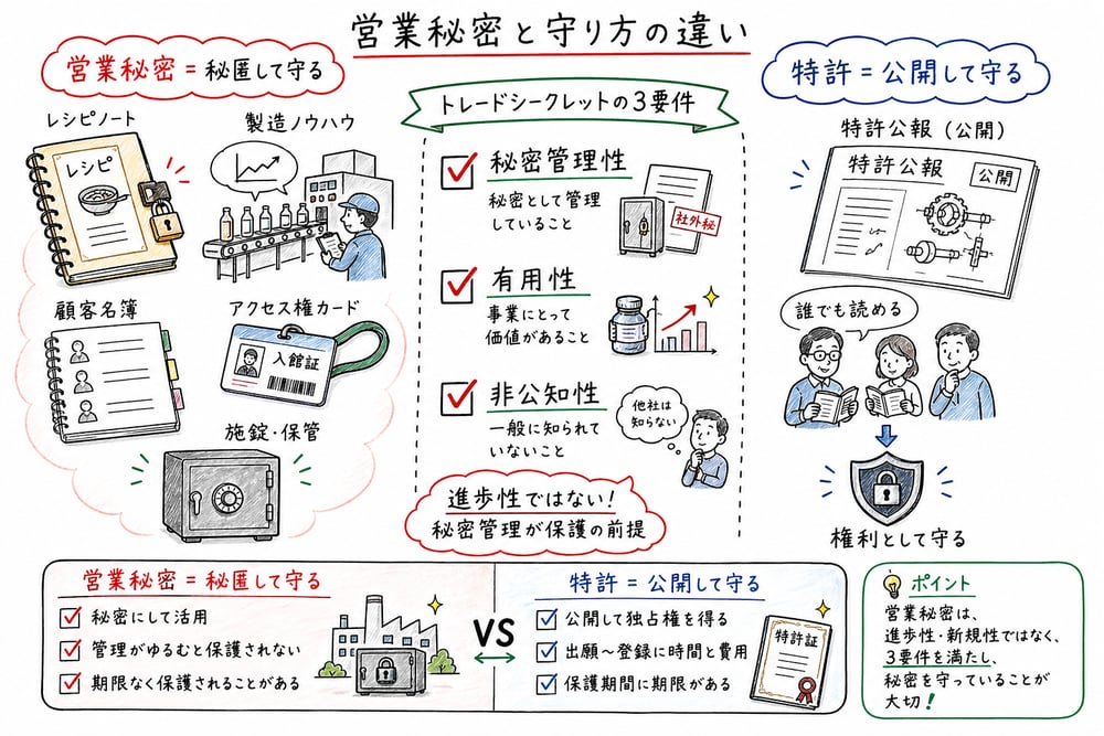 営業秘密の秘密管理性、有用性、非公知性と特許による公開保護の違いを示した図解