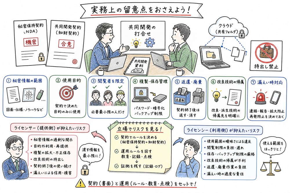 秘密保持契約と知財契約で定める秘密情報の範囲、使用目的、返還廃棄、漏えい時対応を整理した図解