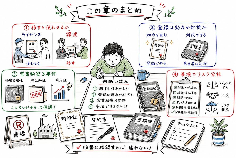 知的財産権契約の総まとめとして譲渡、ライセンス、登録、営業秘密、契約条項の判断軸を整理した図解