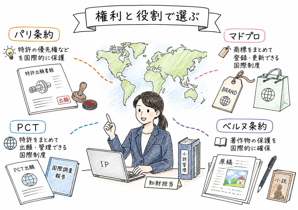知的財産権に関する国際条約を権利と役割で見分ける図解