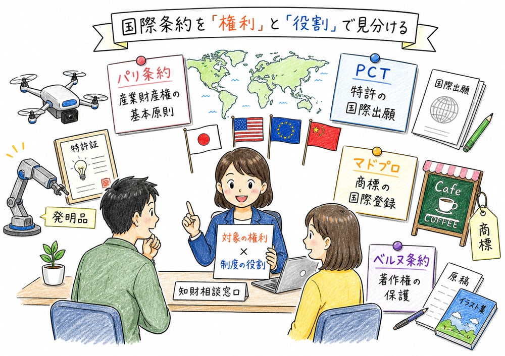 国際条約を対象の権利と制度の役割で振り分ける図解