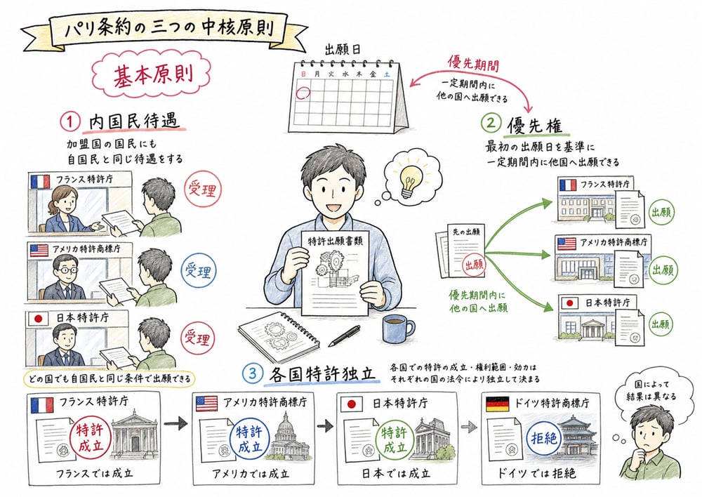 パリ条約の内国民待遇、優先権、各国特許独立の原則を示す図解