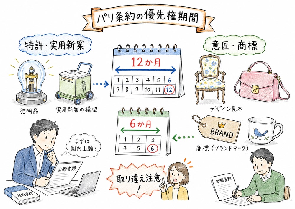 特許と実用新案は12か月、意匠と商標は6か月の優先権期間を示す図解