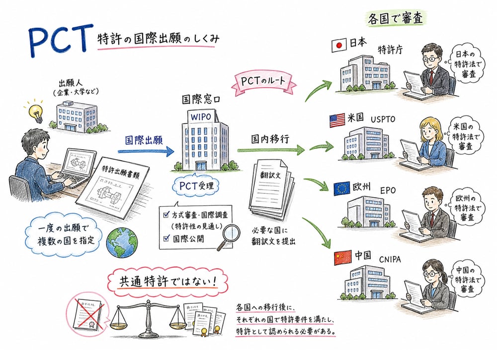 PCTの国際出願から国内移行、各国審査までを示す図解