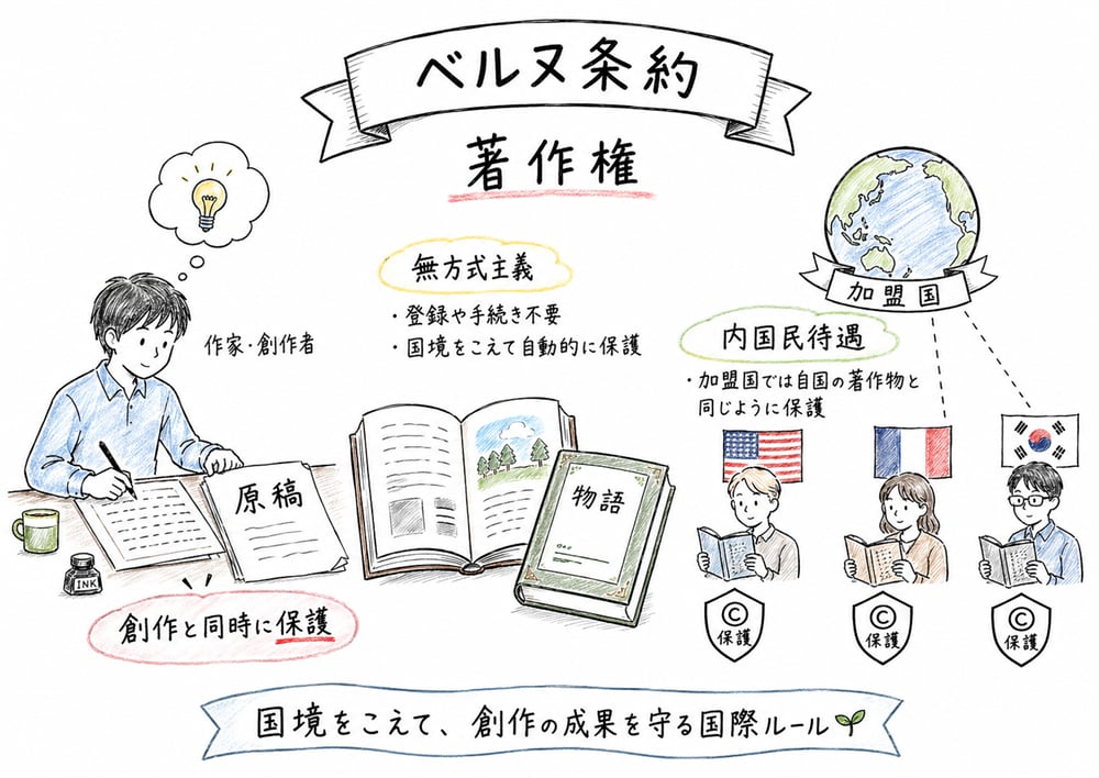 ベルヌ条約の無方式主義と内国民待遇を示す図解