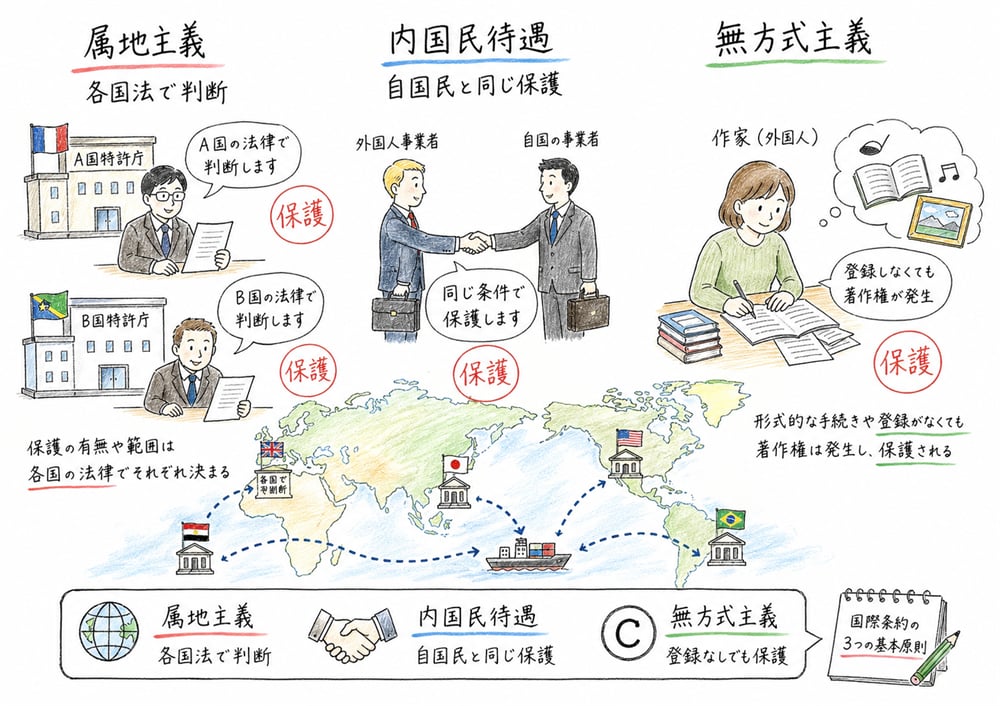 属地主義、内国民待遇、無方式主義を横断して整理する図解