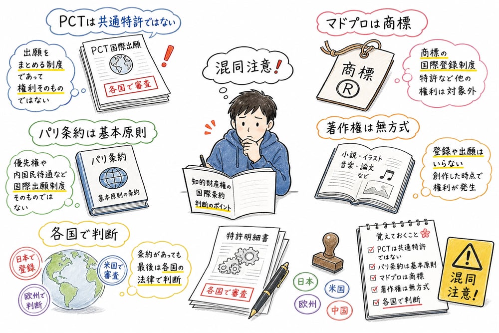 知的財産権の国際条約で混同しやすいポイントを確認する図解