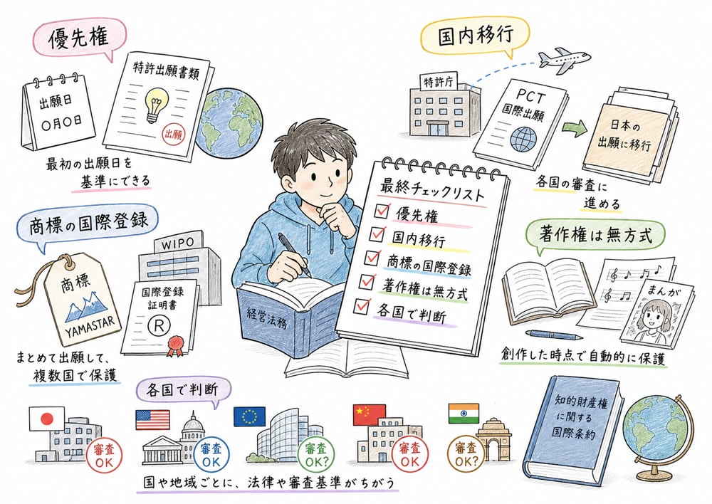 知的財産権に関する国際条約の最終チェックポイントを示す図解