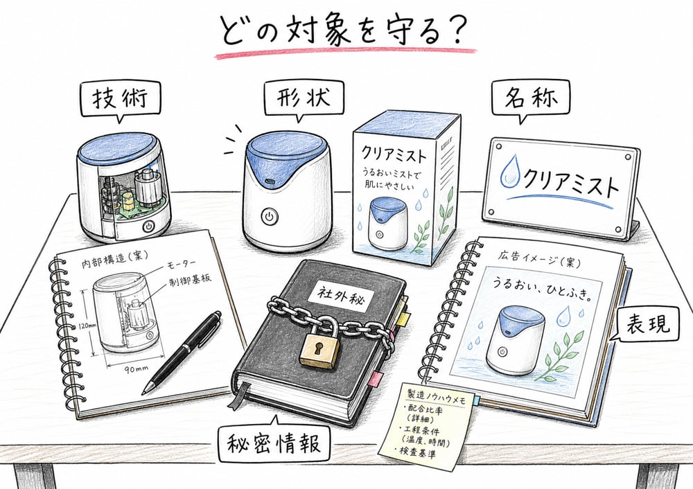 技術、形状、名称、表現、秘密情報を保護対象から整理する図解