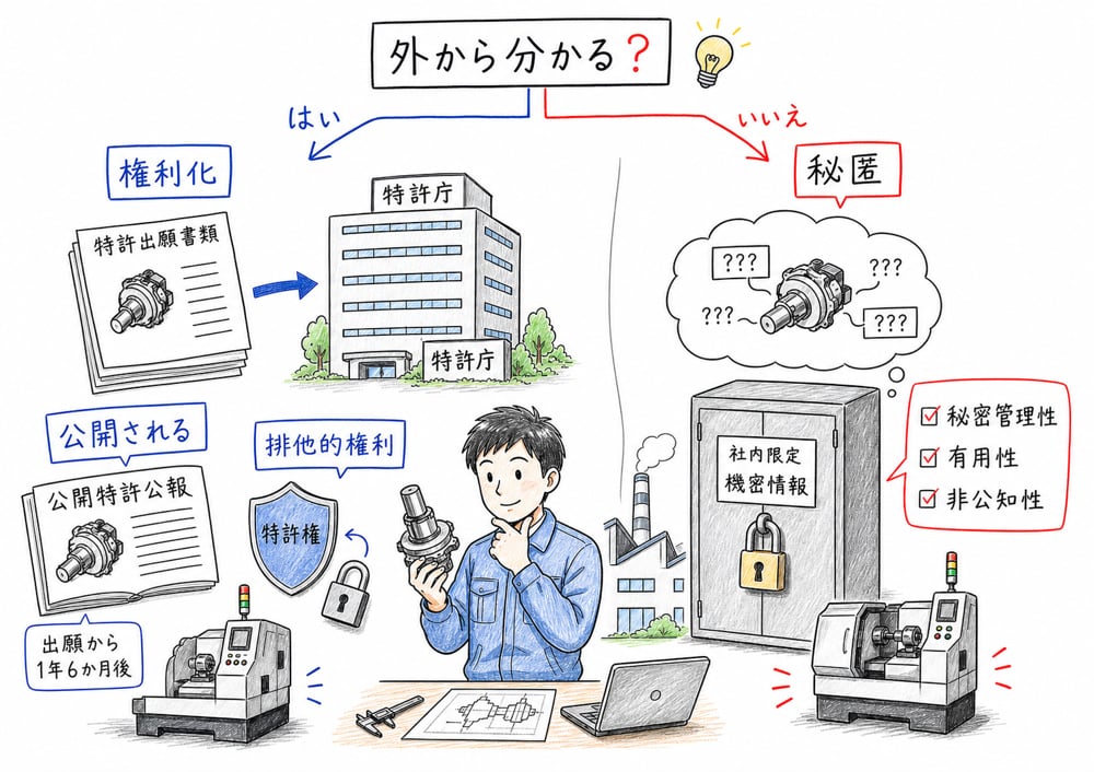 技術を特許で権利化するか営業秘密として秘匿するかを分ける図解