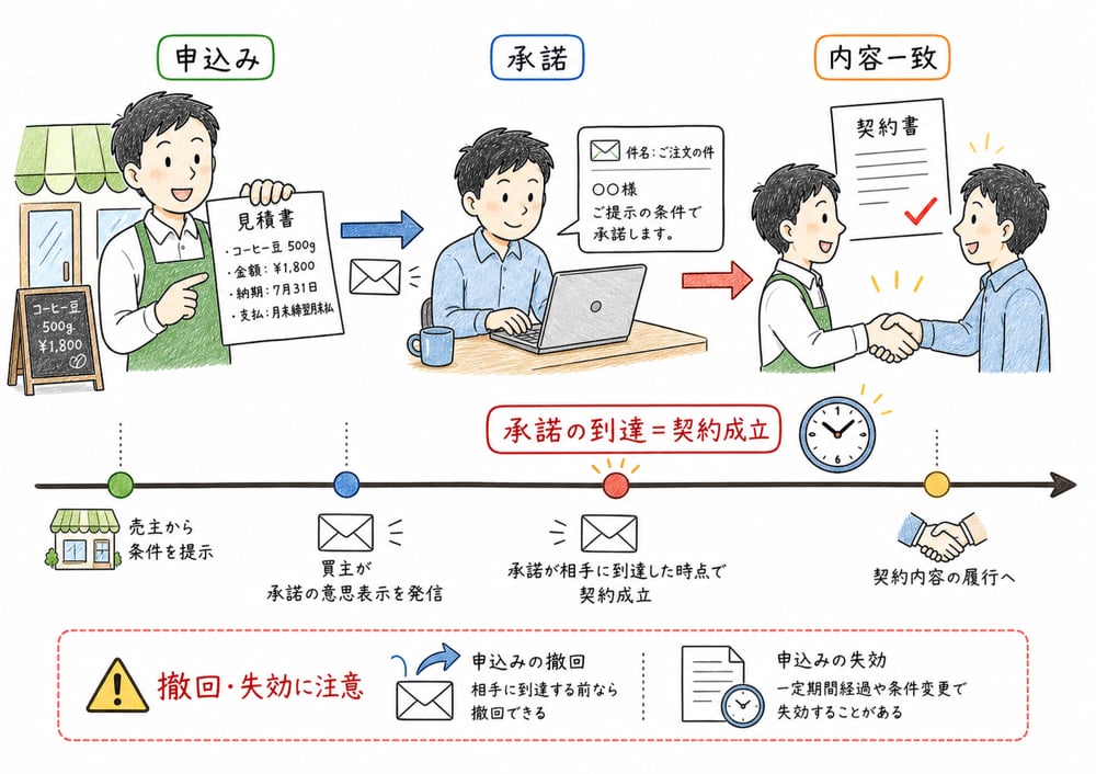 申込み、承諾、内容一致、効力発生を時系列で確認する図解