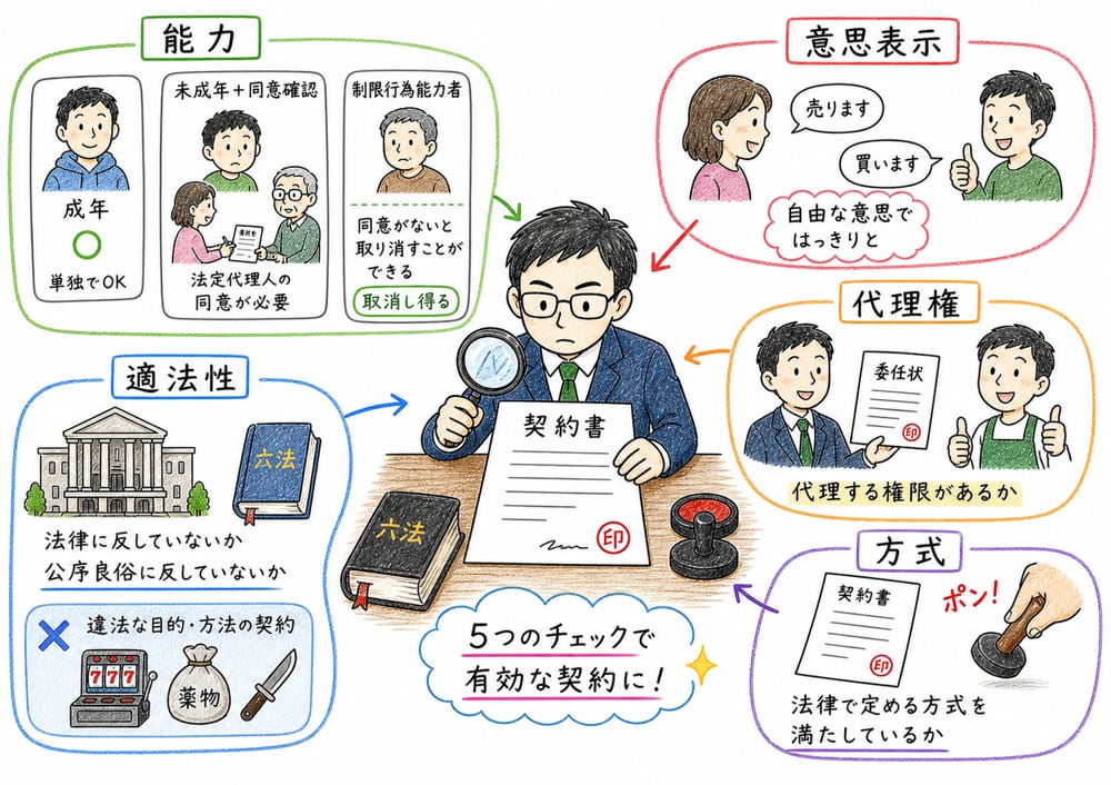 契約の有効性を能力、意思表示、代理権、適法性、方式で確認する図解