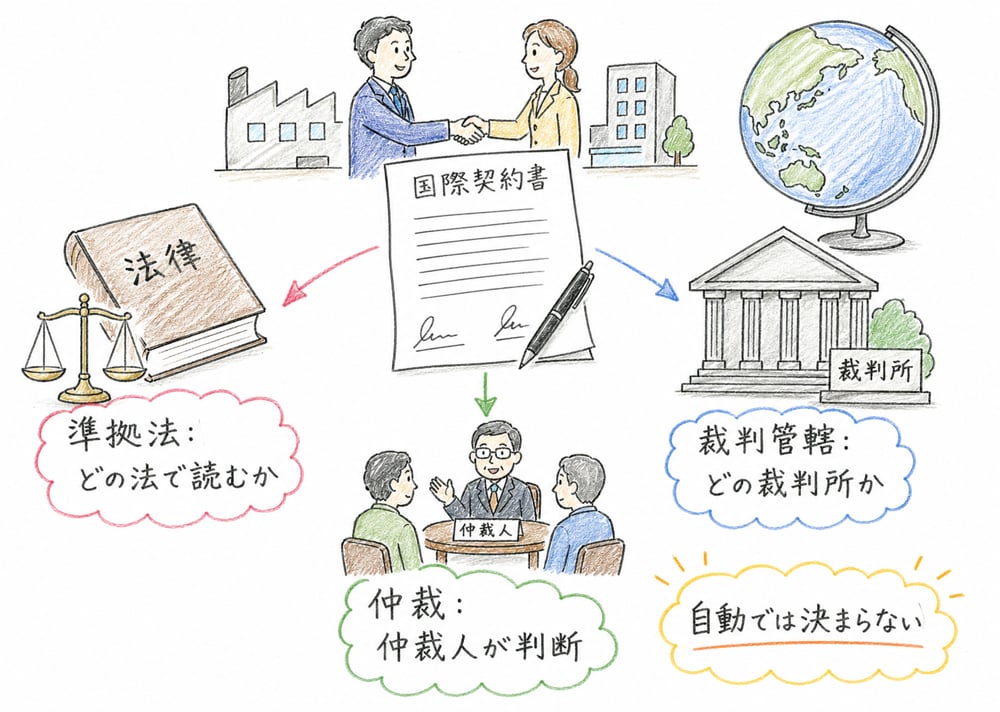 準拠法、裁判管轄、仲裁を別々に読むための図解