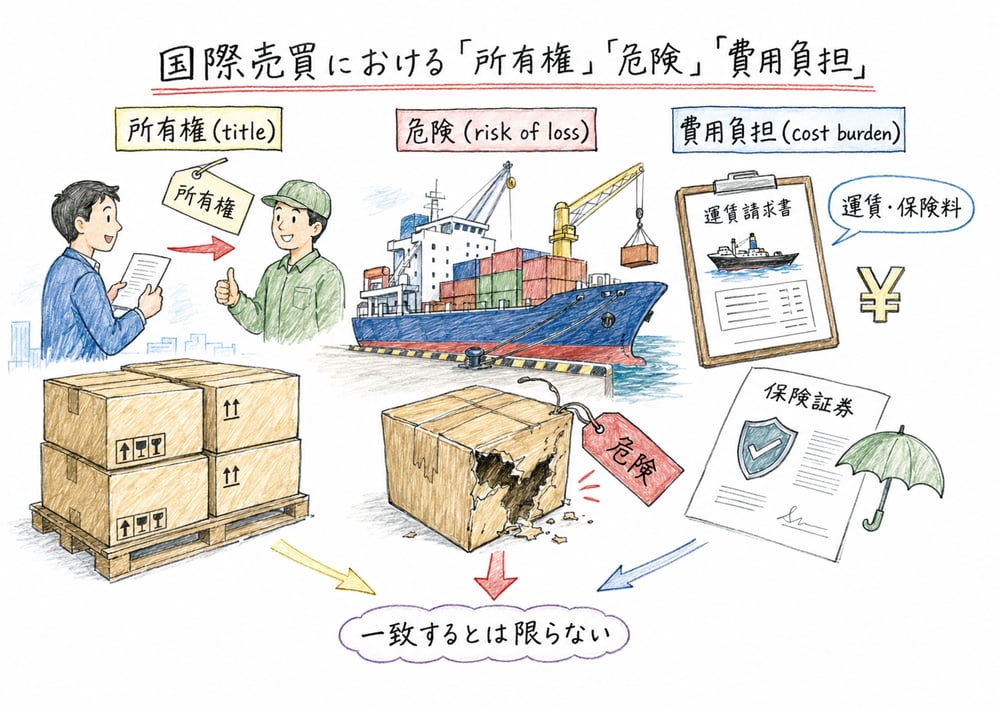 国際売買で所有権、危険移転、費用負担を分ける図解