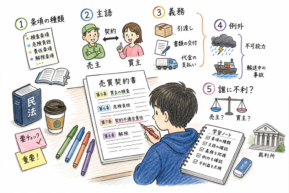 契約条項を種類、主語、義務、例外、不利な当事者の順に読む手順